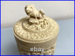Antique Beautiful Round Cigarette Desk Organizer Case Engraved Lion on Lid