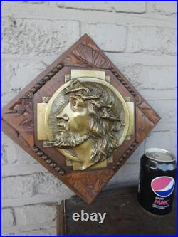 Antique Belgian art deco wood carved plaque with bronze christ portrait rare