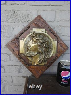 Antique Belgian art deco wood carved plaque with bronze christ portrait rare