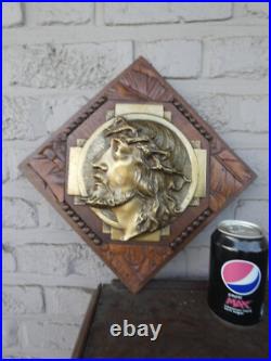 Antique Belgian art deco wood carved plaque with bronze christ portrait rare