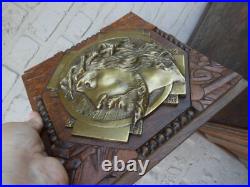 Antique Belgian art deco wood carved plaque with bronze christ portrait rare