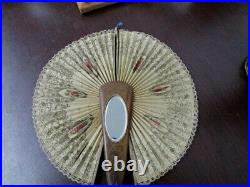 Antique Beveled Mirror Inlaid Wood Mechanical Ladies Hand Fan