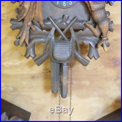 Antique Black Forest Hunter Cuckoo Clock Working Large Wood Carving