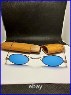 Antique Blue Oval Lens Glasses In Wooden Case