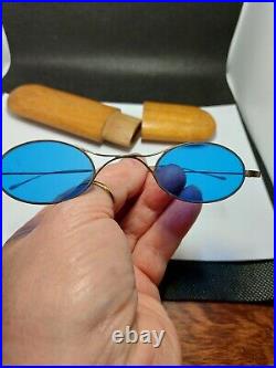 Antique Blue Oval Lens Glasses In Wooden Case