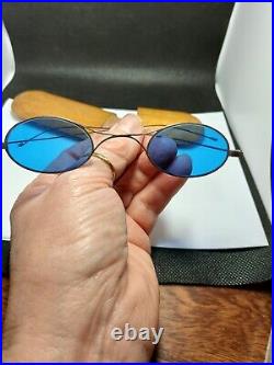 Antique Blue Oval Lens Glasses In Wooden Case