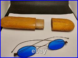 Antique Blue Oval Lens Glasses In Wooden Case