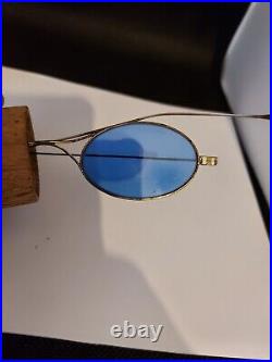 Antique Blue Oval Lens Glasses In Wooden Case