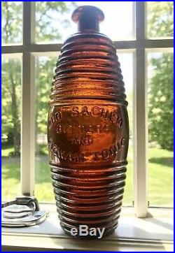 Antique Bottle Sachem Bitters & Wigwam Tonic 9.5 Amber Figural Barrel, ca. 1870