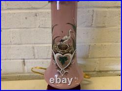 Antique Bristol Pink Glass Lamp with Swan Enamel Decorations