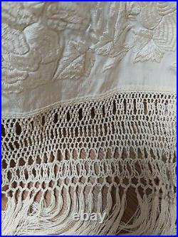 Antique Canton Piano Shawl Hand Embroidery Cream Silk Wedding Edwardian Stunning