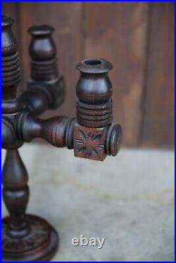 Antique Carved Wood Candleabra Candlestick Holder stand mission oak vintage