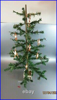 Antique Christmas goose feather tree Germany wood stand 34 Santa Chenille Elf