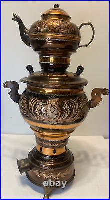 Antique Copper Samovar Gulistan Tea Set Turkey Ottoman Teapot and Tray 15 Tall