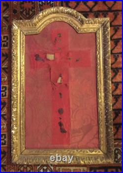 Antique Cross Crucifix Wood Frame Christian Fabric Spirituality Rare Old 17th