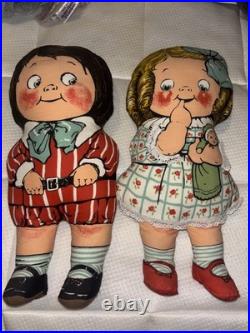 Antique Dean's Rag Book Co Peggie & Teddie Cloth Dolls Pair 1910s England STAMP