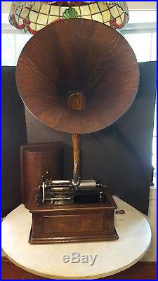 Antique Edison Triumph Cylinder Phonograph Wood Oak Horn Plays, Is A Project