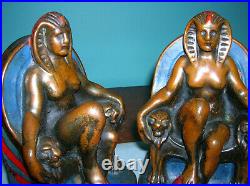 Antique Egyptian Cleopatra Pharaoh bookends Galvano bronze clad orig paint 1920s