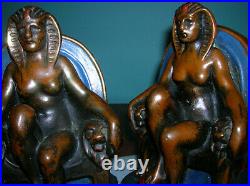 Antique Egyptian Cleopatra Pharaoh bookends Galvano bronze clad orig paint 1920s