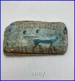 Antique Egyptian Hand Painted Hieroglyphs Animal Cow Art Drawing Clay Cotta C3