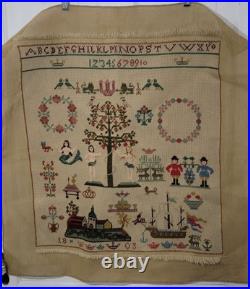 Antique Embroidered Needlepoint Sampler Complete Adam Eve Danish Name Cloth
