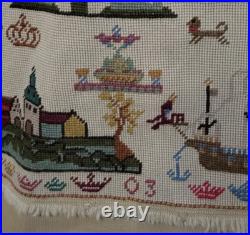 Antique Embroidered Needlepoint Sampler Complete Adam Eve Danish Name Cloth