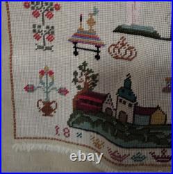 Antique Embroidered Needlepoint Sampler Complete Adam Eve Danish Name Cloth
