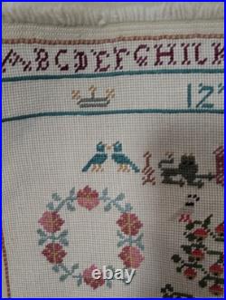 Antique Embroidered Needlepoint Sampler Complete Adam Eve Danish Name Cloth