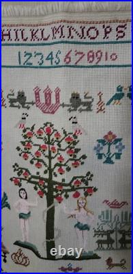 Antique Embroidered Needlepoint Sampler Complete Adam Eve Danish Name Cloth