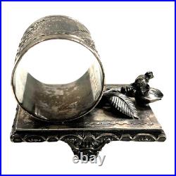 Antique Figural Napkin Ring Silver Silverplate Bird Leaf with Footed Pedestal