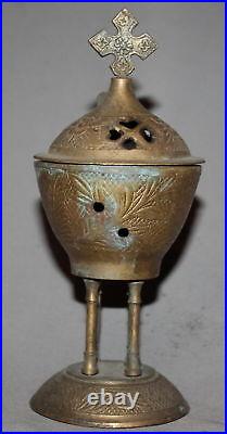 Antique Floral Brass Incense Burner With Cross