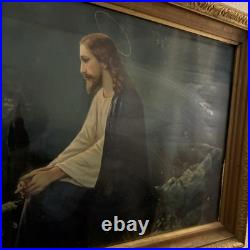 Antique Framed Jesus In The Garden Of Gethsemane Gold Tone Large 17.75 X 33.5