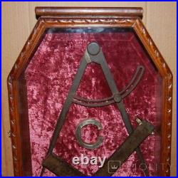 Antique Freemasonry Box Symbol Masonry Wood Metal Glass Case Decor Rare Old 19th
