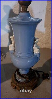 Antique French Blue Lamp With Seated Asian Figures Ceramic