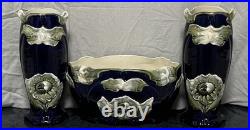 Antique French Gustave De Bruyn Barbotine Garnitures 3pc Mantle Set Art Nouveau