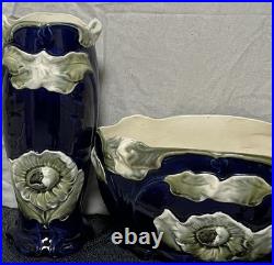 Antique French Gustave De Bruyn Barbotine Garnitures 3pc Mantle Set Art Nouveau