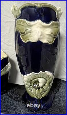 Antique French Gustave De Bruyn Barbotine Garnitures 3pc Mantle Set Art Nouveau