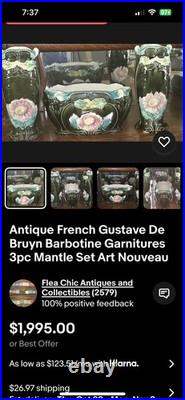 Antique French Gustave De Bruyn Barbotine Garnitures 3pc Mantle Set Art Nouveau