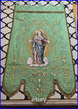 Antique French Hand Embroidery Catholic Priest Vestments Church Panel 36 X 66