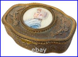 Antique French Louis XVI Miniature Portrait Painting Bronze Ormolu Box Casket