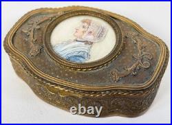 Antique French Louis XVI Miniature Portrait Painting Bronze Ormolu Box Casket