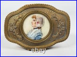 Antique French Louis XVI Miniature Portrait Painting Bronze Ormolu Box Casket