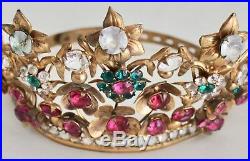 Antique French Saint Crown Tiara Facet Cut Colored Glass Jewels Gilt Ormolu