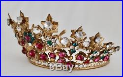 Antique French Saint Crown Tiara Facet Cut Colored Glass Jewels Gilt Ormolu
