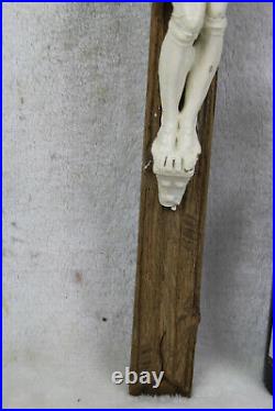 Antique French XL church wood carved chalkware Crucifix religious