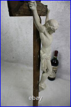 Antique French XL church wood carved chalkware Crucifix religious