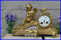 Antique French bronze putti angel Sevres porcelain plaque clock birds romantic