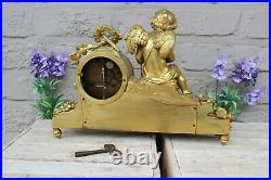 Antique French bronze putti angel Sevres porcelain plaque clock birds romantic