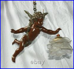 Antique French spelter bronze putti cherub pendant lamp chandelier