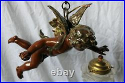 Antique French spelter bronze putti cherub pendant lamp chandelier